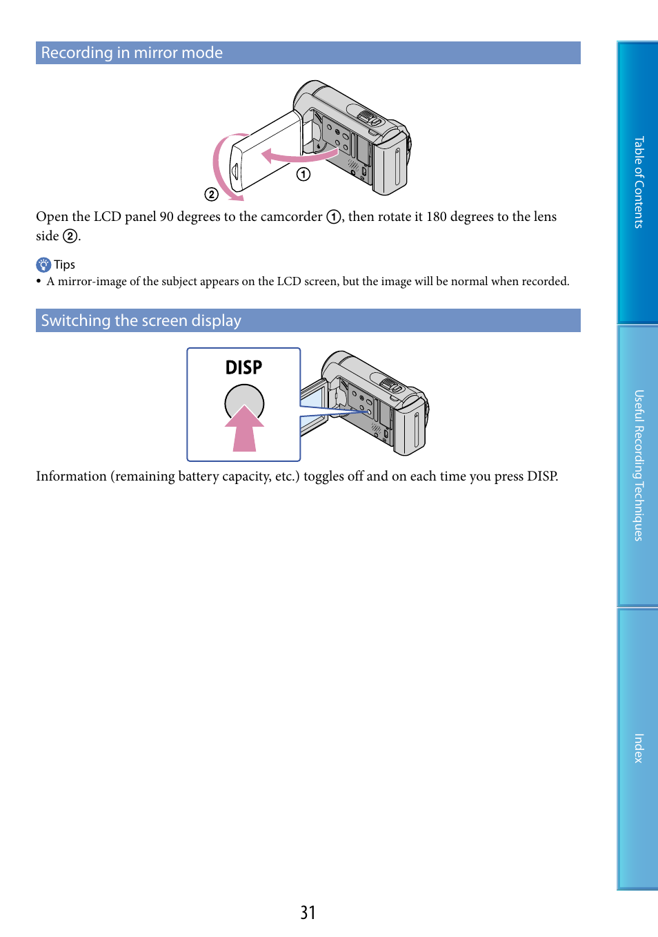 Recording in mirror mode, Switching the screen display, On (31) | Sony DCR-SX60 User Manual | Page 31 / 101