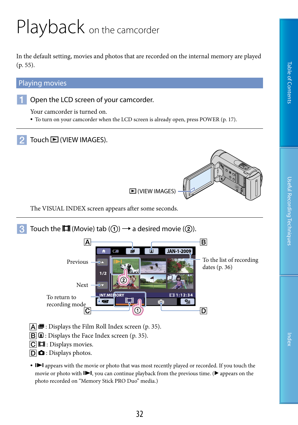 Playback on the camcorder, Playing movies, Playback | On.the.camcorder | Sony DCR-SX60 User Manual | Page 32 / 101