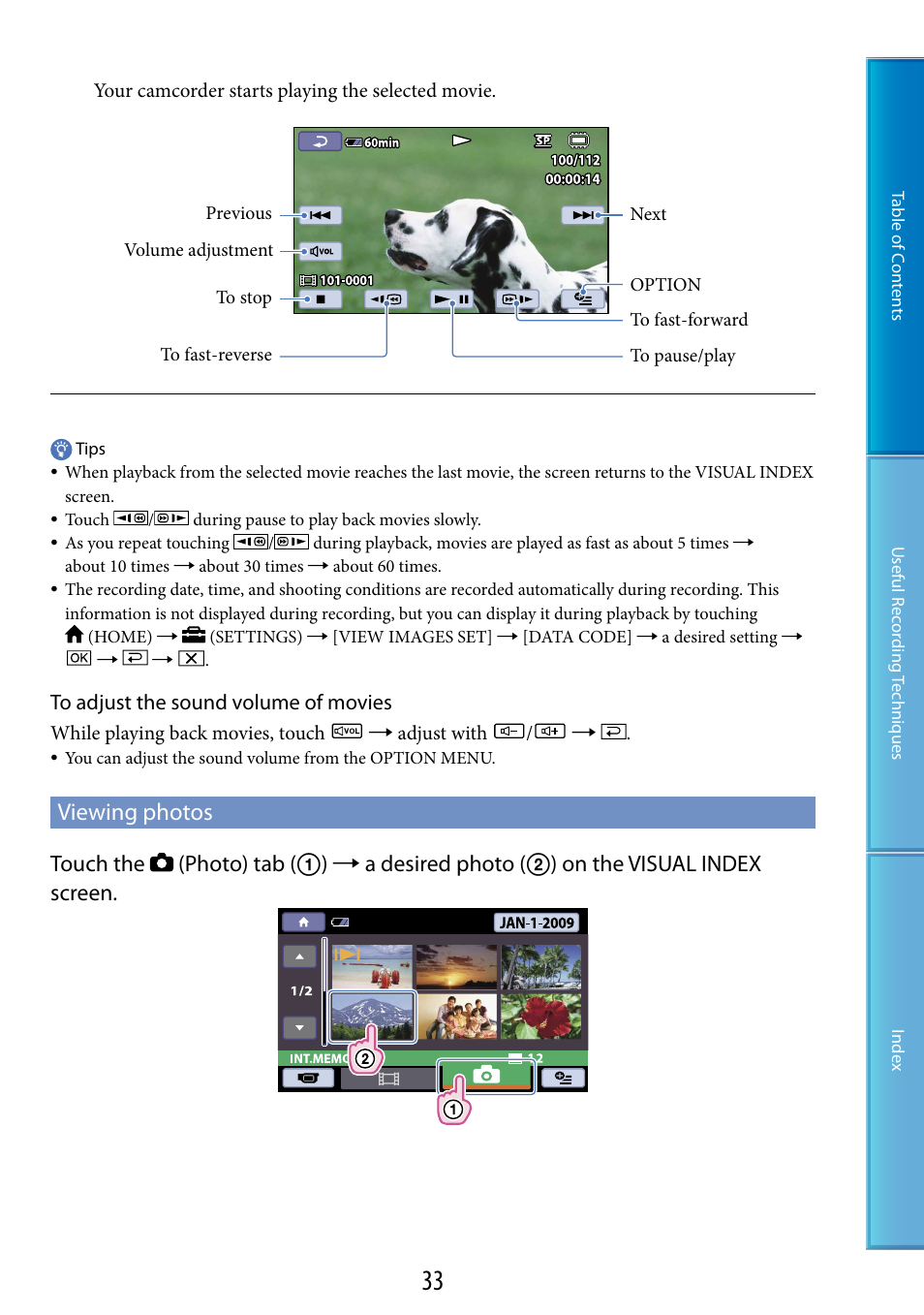 Viewing photos | Sony DCR-SX60 User Manual | Page 33 / 101