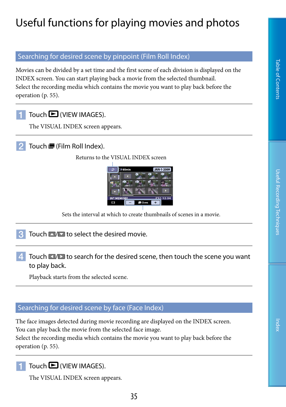 Useful functions for playing movies and photos, Searching for desired scene by face (face index), Dex (35) | Sony DCR-SX60 User Manual | Page 35 / 101