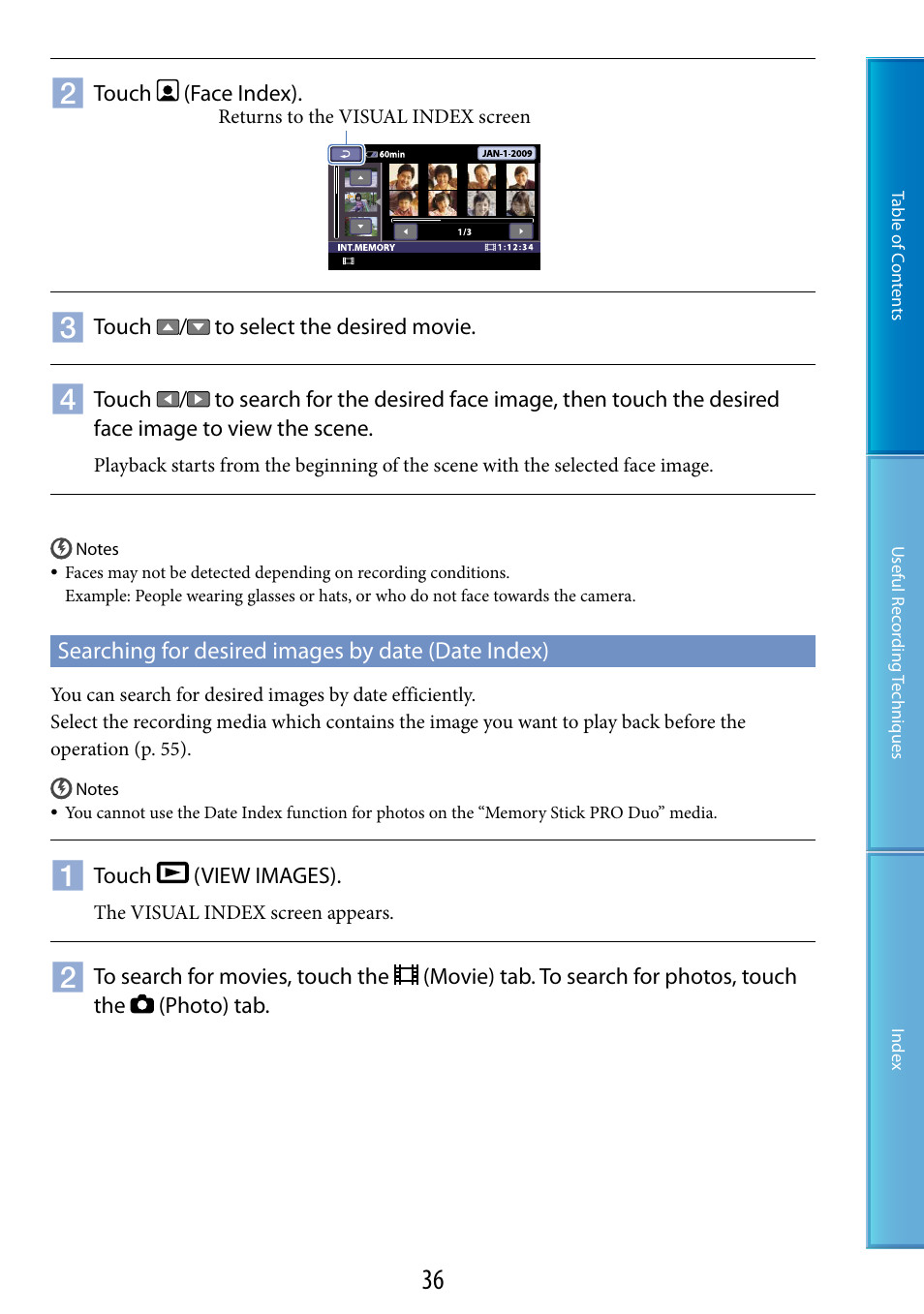 Searching for desired images by date (date index) | Sony DCR-SX60 User Manual | Page 36 / 101