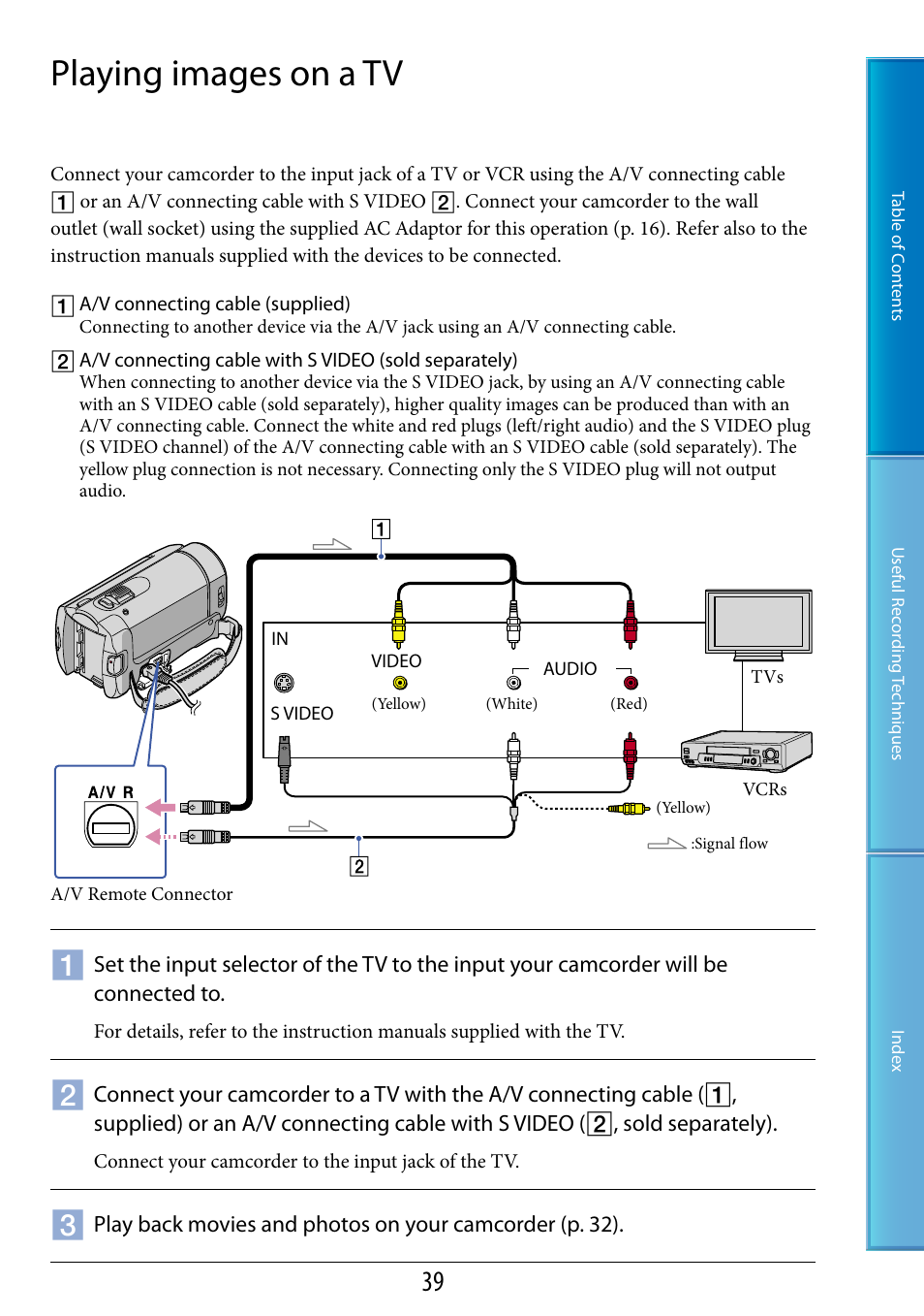 Playing images on a tv, Or (39, 53) | Sony DCR-SX60 User Manual | Page 39 / 101