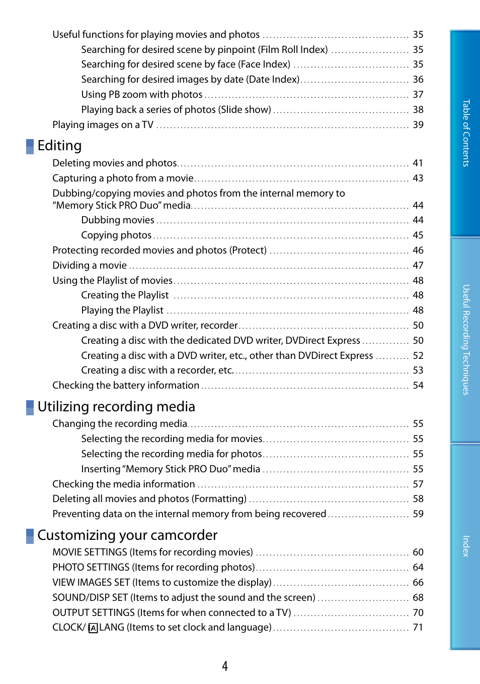 Editing, Utilizing recording media, Customizing your camcorder | Sony DCR-SX60 User Manual | Page 4 / 101