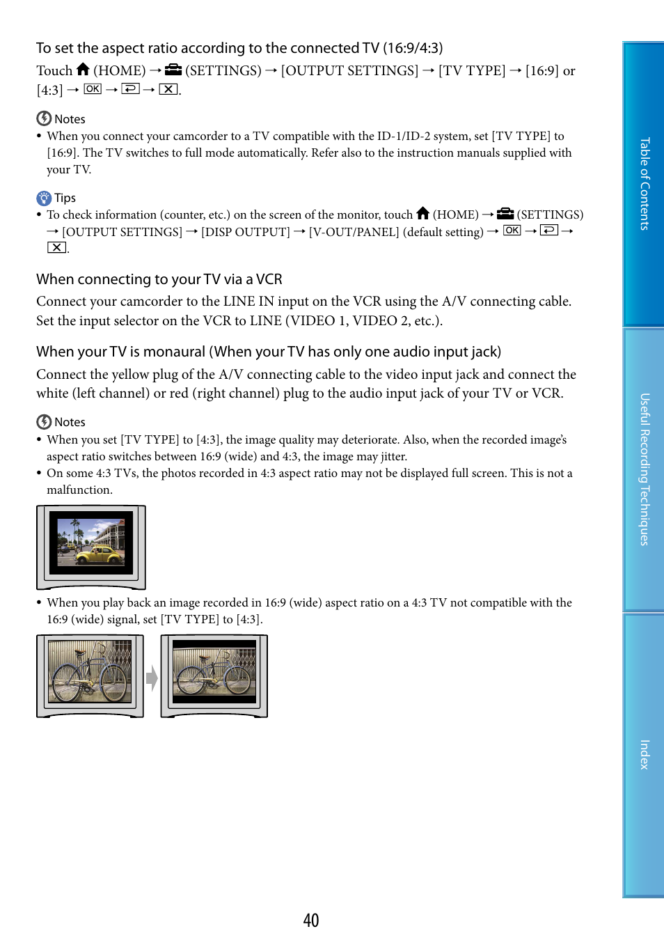 When connecting to your tv via a vcr | Sony DCR-SX60 User Manual | Page 40 / 101