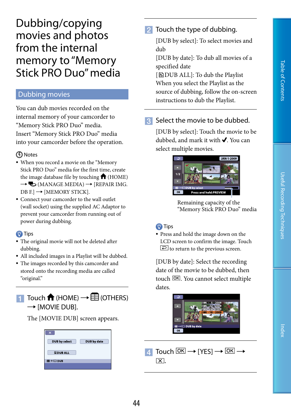 Dubbing movies, Memory stick pro duo” media | Sony DCR-SX60 User Manual | Page 44 / 101
