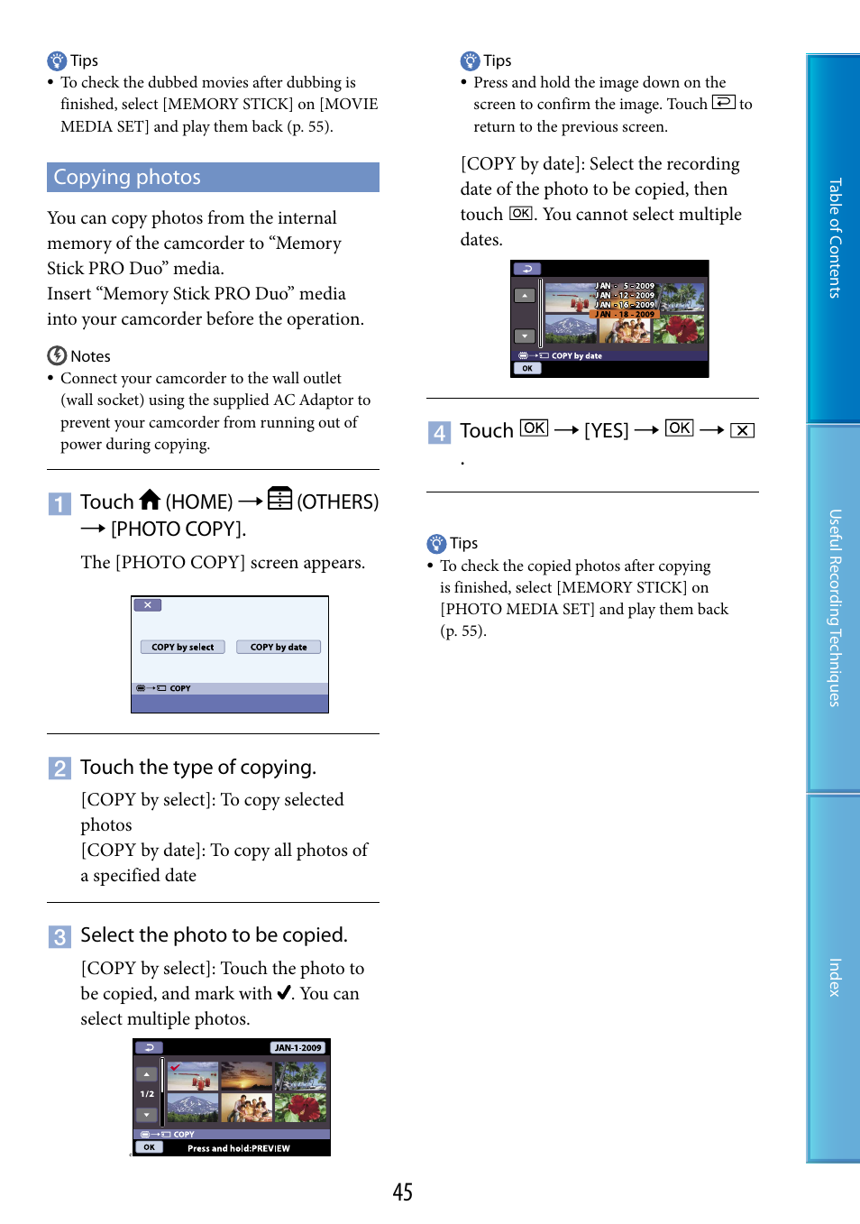 Copying photos, Touch (home)  (others)  [photo copy, Touch the type of copying | Select the photo to be copied, Touch  [yes | Sony DCR-SX60 User Manual | Page 45 / 101