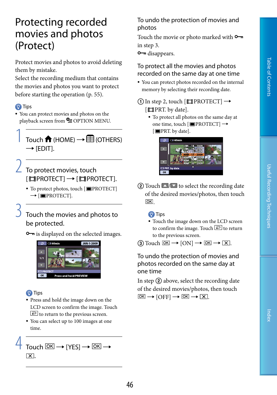 Protecting recorded movies and photos (protect), E (46) | Sony DCR-SX60 User Manual | Page 46 / 101