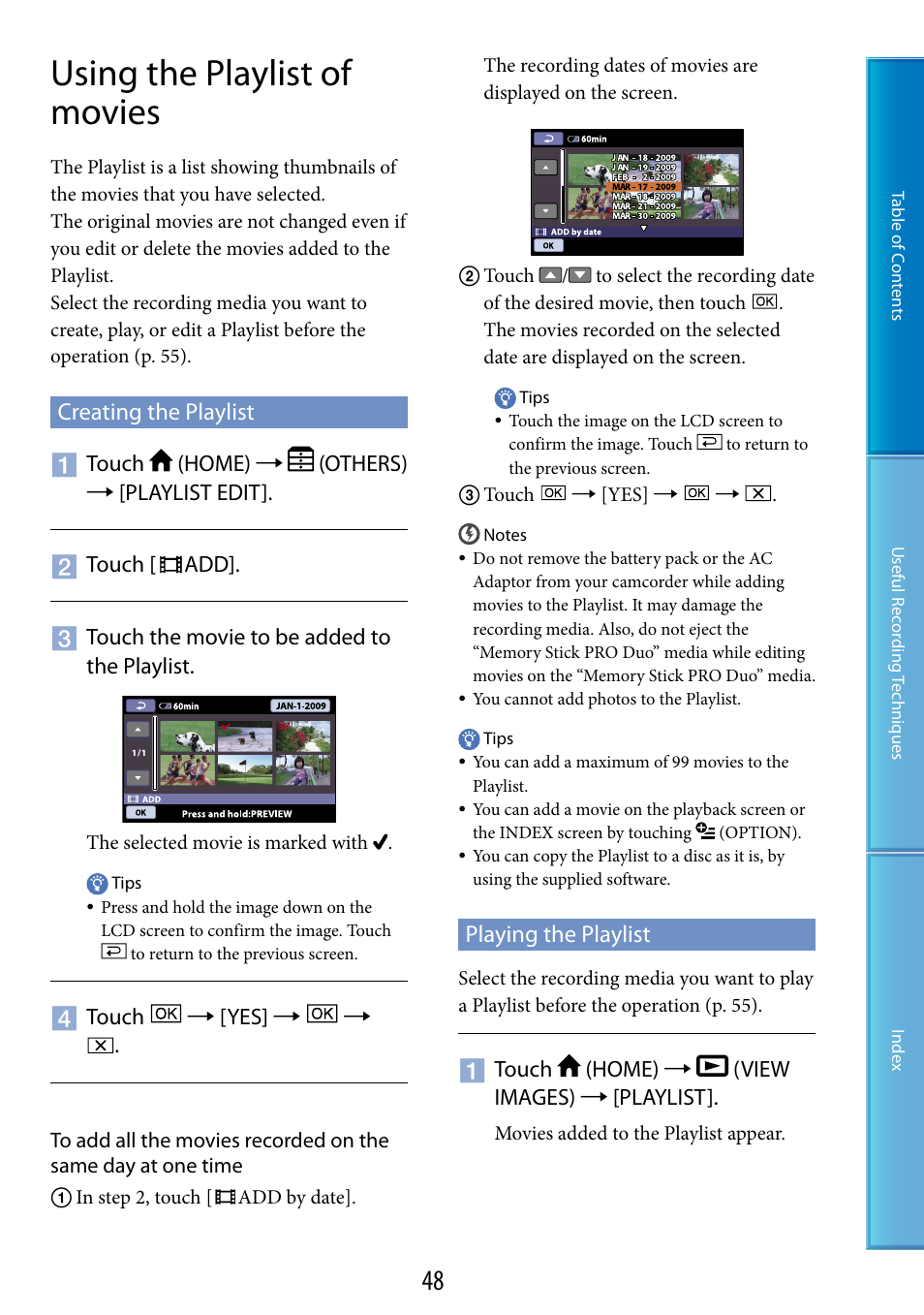 Using the playlist of movies, Creating the playlist, Playing the playlist | Creating the playlist playing the playlist, 48), t | Sony DCR-SX60 User Manual | Page 48 / 101