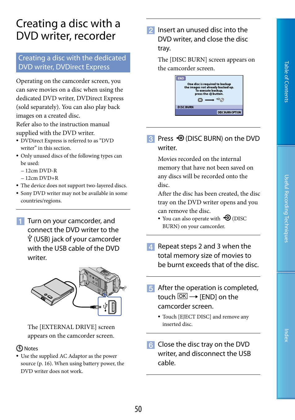 Creating a disc with a dvd writer, recorder | Sony DCR-SX60 User Manual | Page 50 / 101