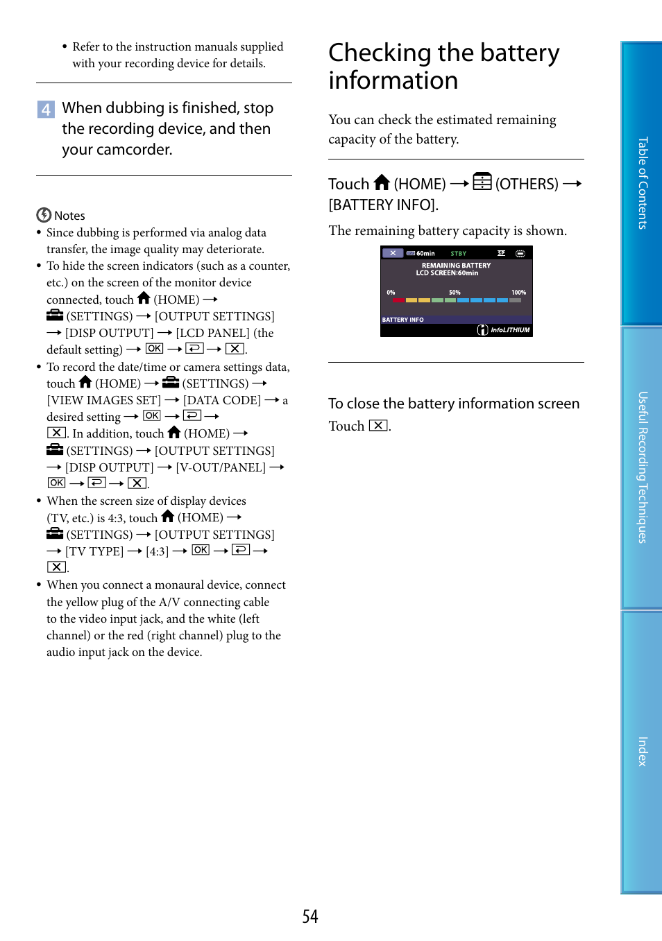 Checking the battery information, Touch (home)  (others)  [battery info | Sony DCR-SX60 User Manual | Page 54 / 101