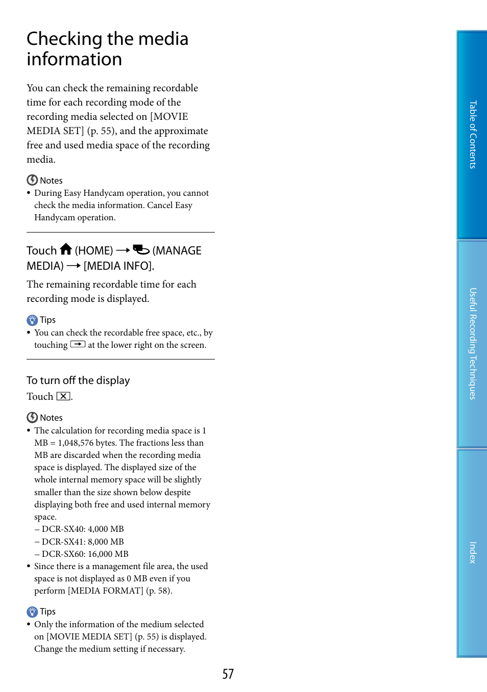 Checking the media information, Touch (home)  (manage media)  [media info | Sony DCR-SX60 User Manual | Page 57 / 101