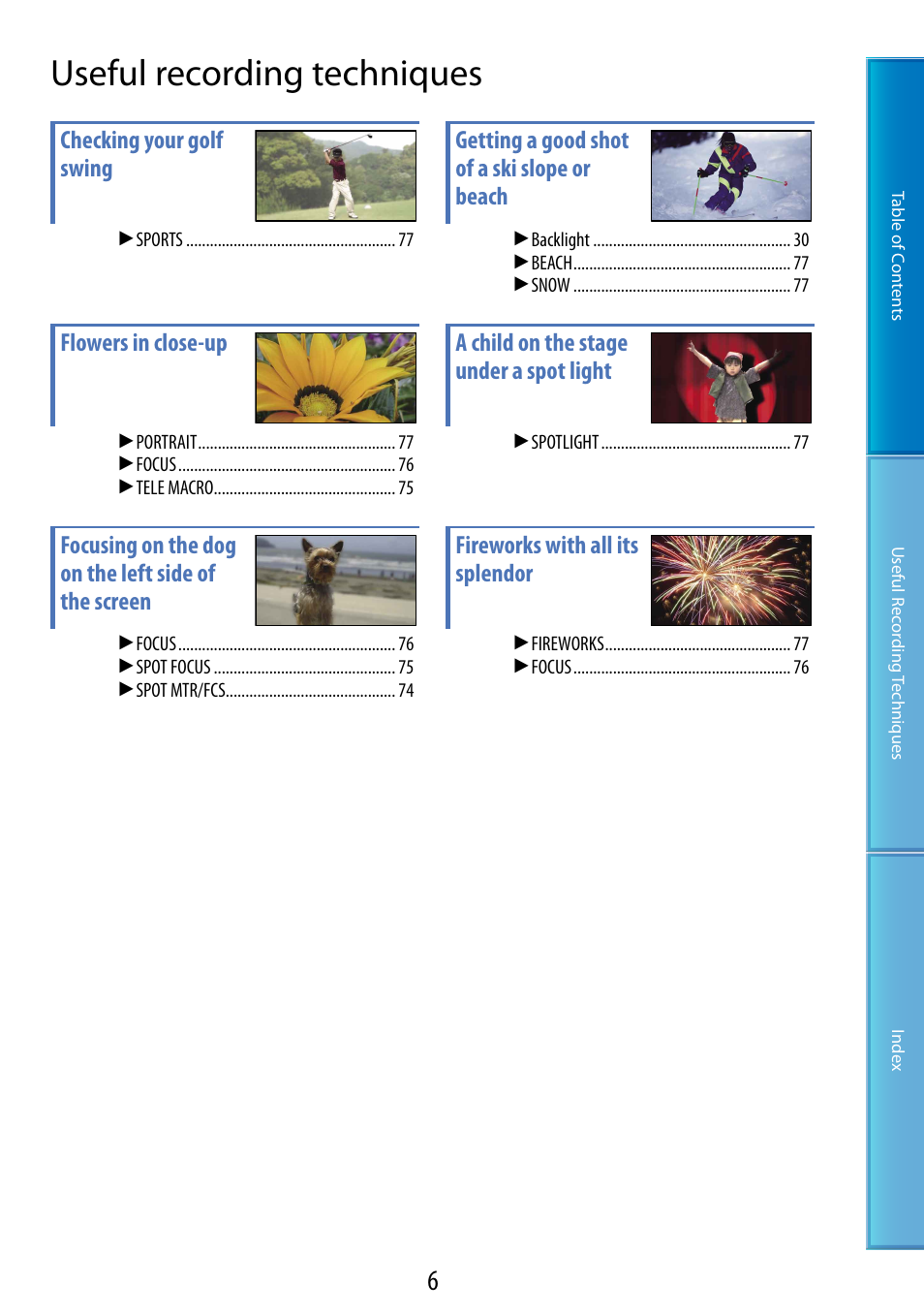 Useful recording techniques | Sony DCR-SX60 User Manual | Page 6 / 101