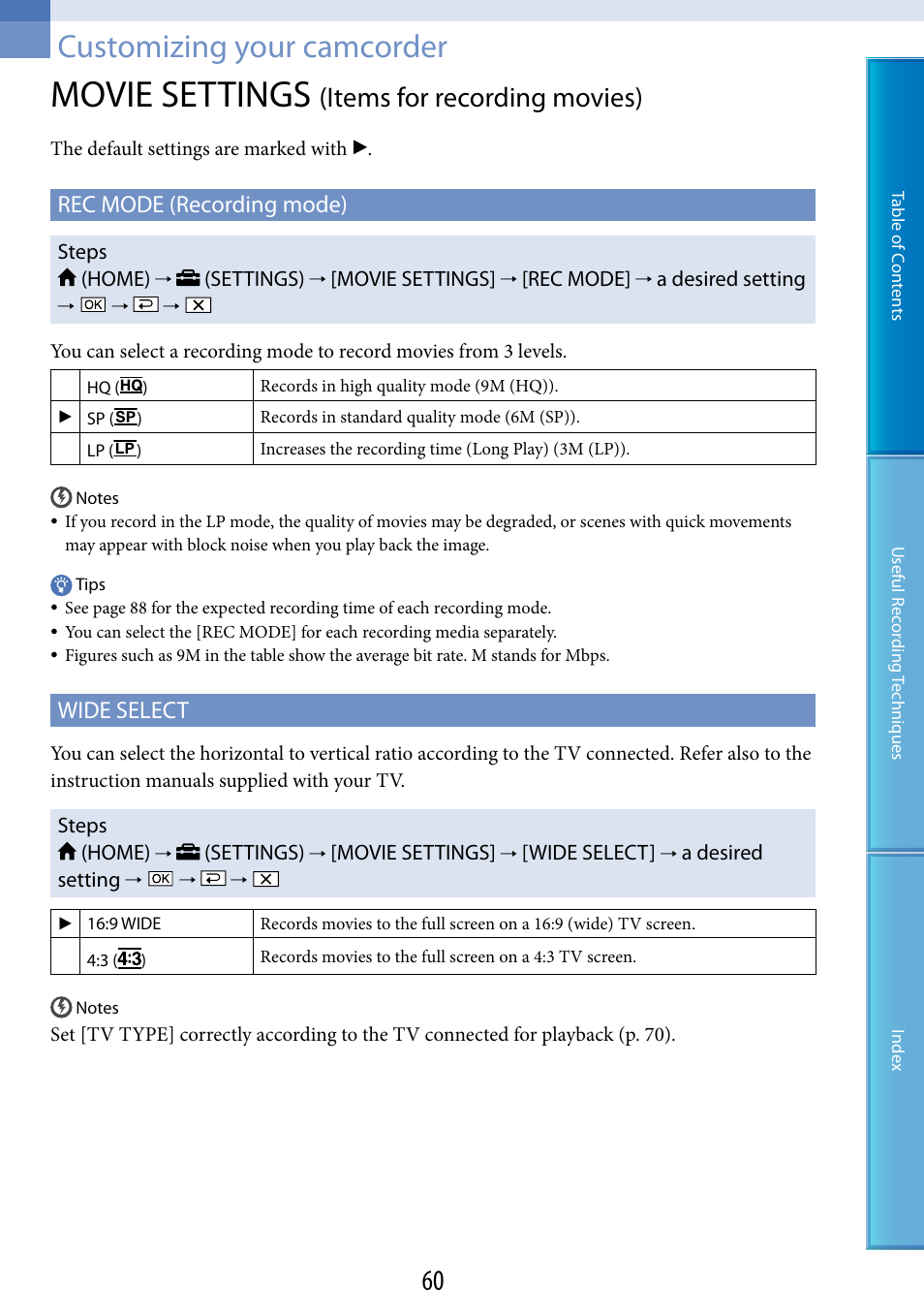 Customizing your camcorder, Movie settings (items for recording movies), Elect (60) | Lp) (60), Movie settings, Items for recording movies), Rec mode (recording mode), Wide select | Sony DCR-SX60 User Manual | Page 60 / 101
