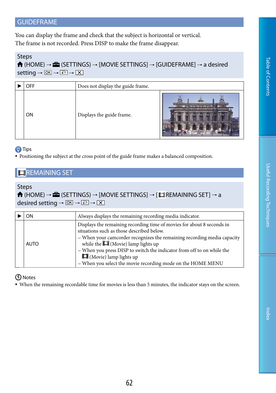 Guideframe, Remaining set, Steps (home) | Settings), Movie settings, A desired setting, Adesired setting | Sony DCR-SX60 User Manual | Page 62 / 101