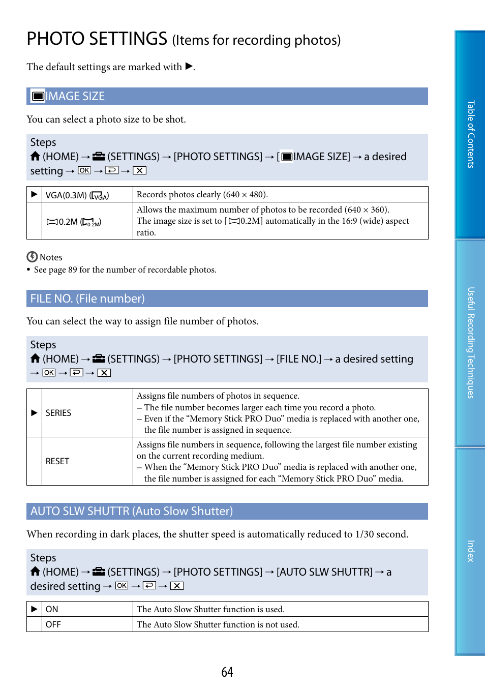 Photo settings (items for recording photos), O size (64), Photo settings | Items for recording photos), Image size, File no. (file number), Auto slw shuttr (auto slow shutter) | Sony DCR-SX60 User Manual | Page 64 / 101