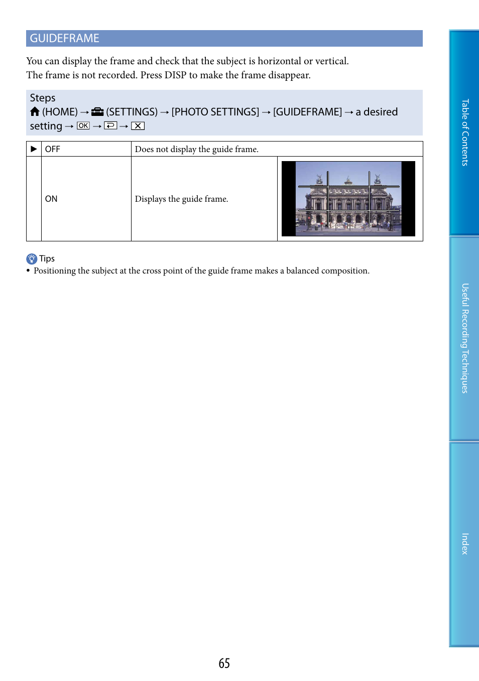 Guideframe | Sony DCR-SX60 User Manual | Page 65 / 101
