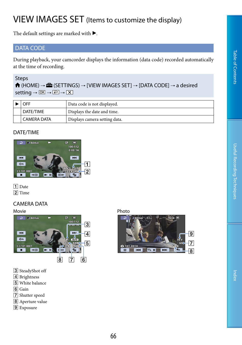 View images set (items to customize the display), View images set, Items to customize the display) | Data code | Sony DCR-SX60 User Manual | Page 66 / 101