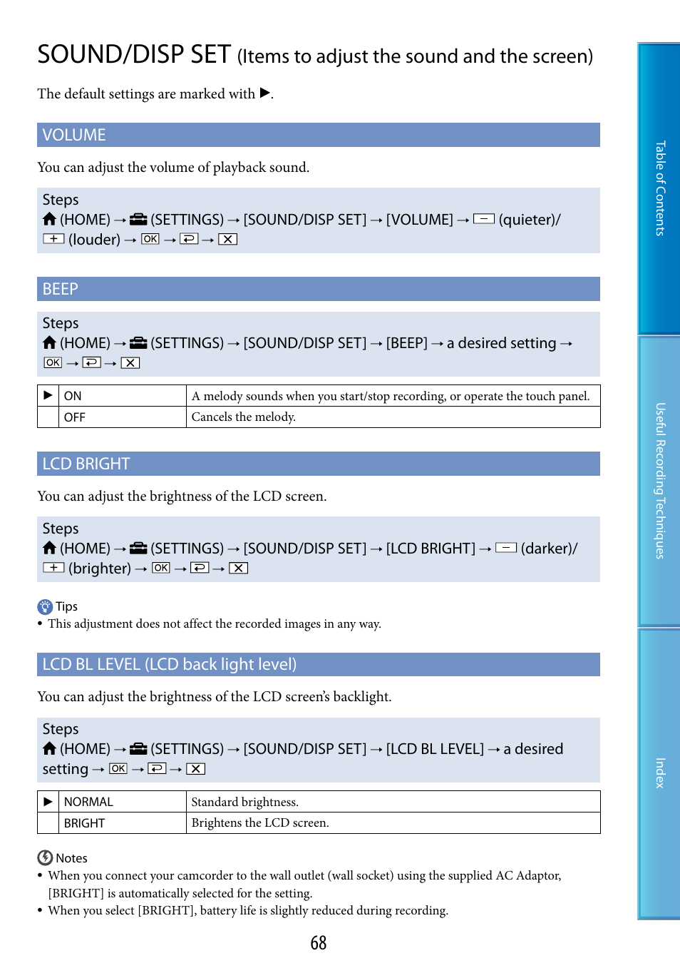 Sound/disp set, Items to adjust the sound and the screen), Volume | Beep, Lcd bright, Lcd bl level (lcd back light level) | Sony DCR-SX60 User Manual | Page 68 / 101
