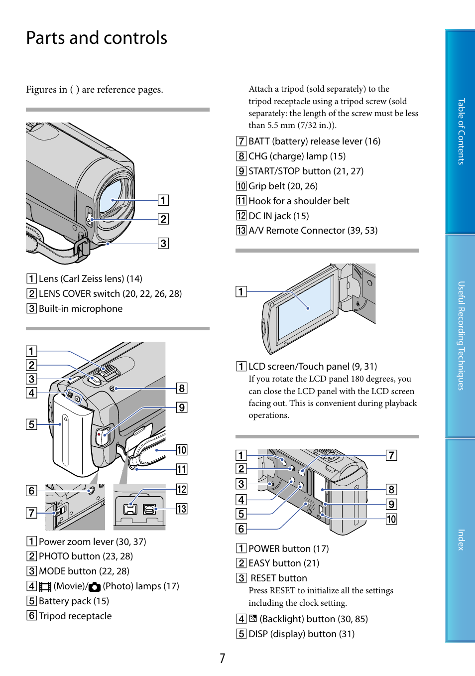 Parts and controls | Sony DCR-SX60 User Manual | Page 7 / 101