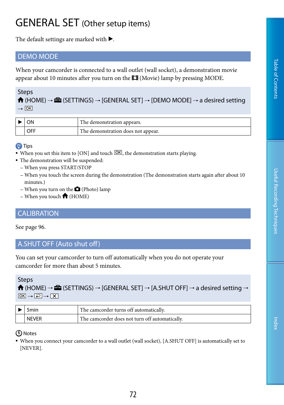 General set (other setup items), General set, Other setup items) | Demo mode, Calibration, A.shut off (auto shut off) | Sony DCR-SX60 User Manual | Page 72 / 101