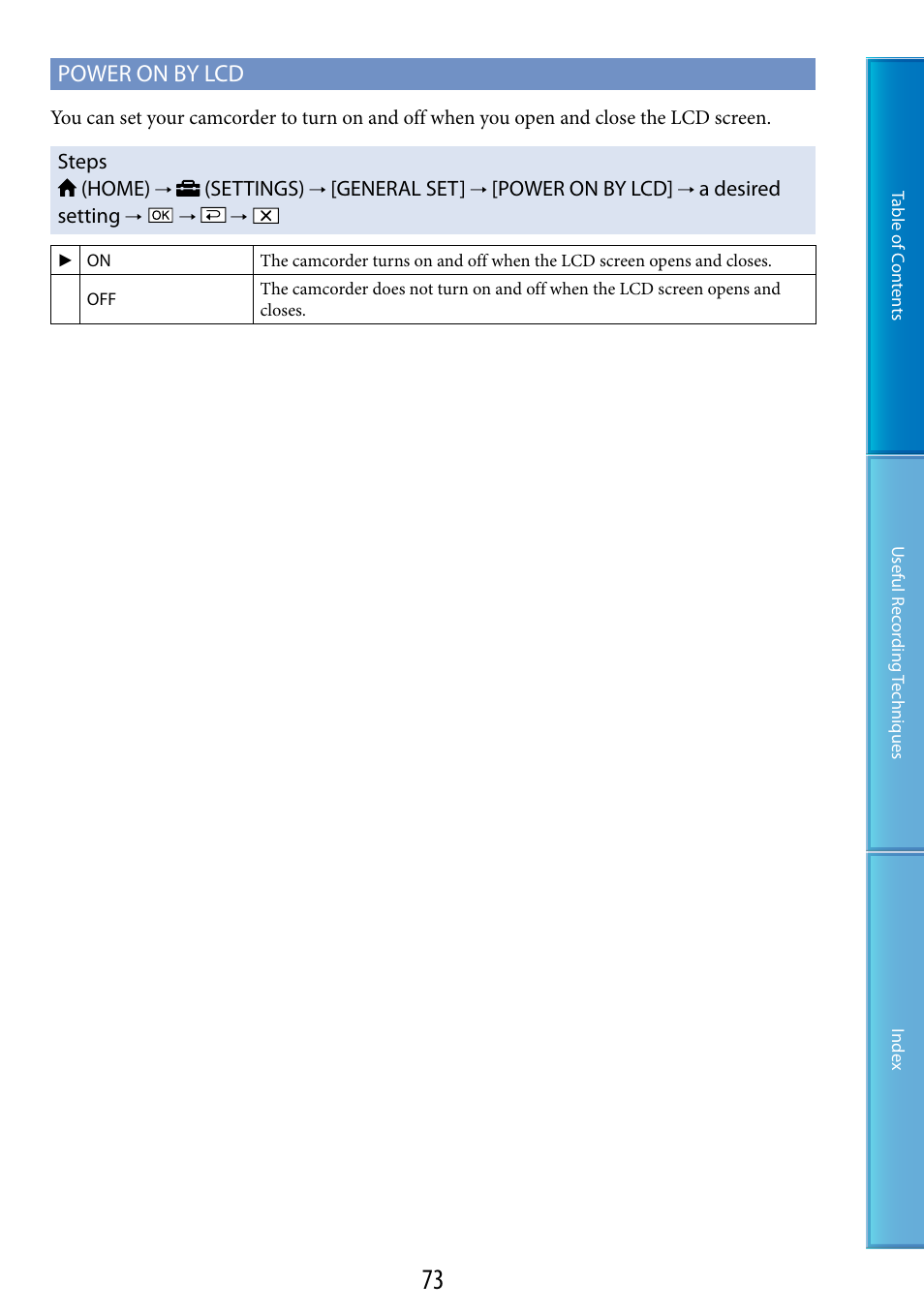 Power on by lcd | Sony DCR-SX60 User Manual | Page 73 / 101