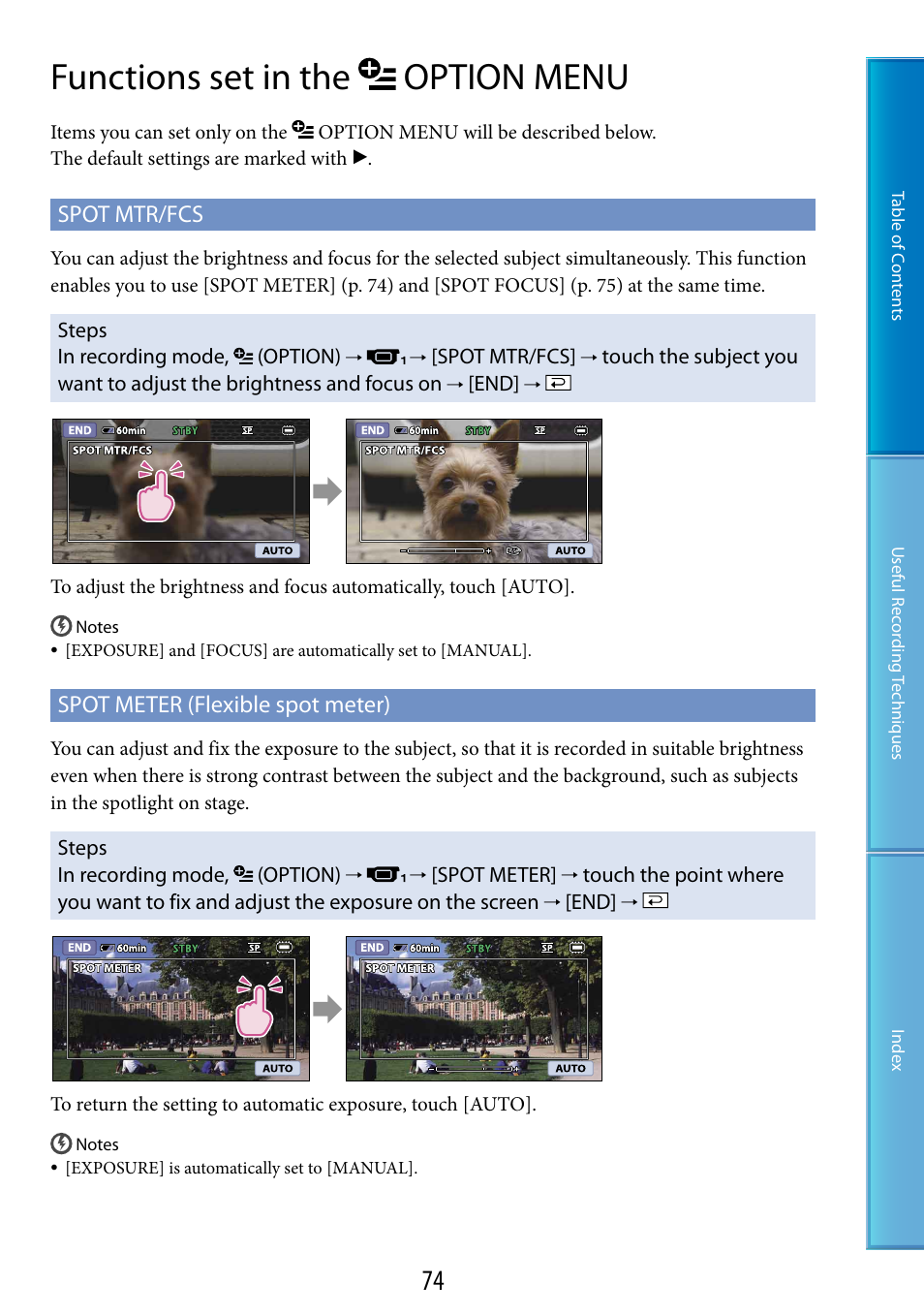 Functions set in the option menu, T mtr/fcs (74), Ter (74) | Spot mtr/fcs, Spot meter (flexible spot meter) | Sony DCR-SX60 User Manual | Page 74 / 101