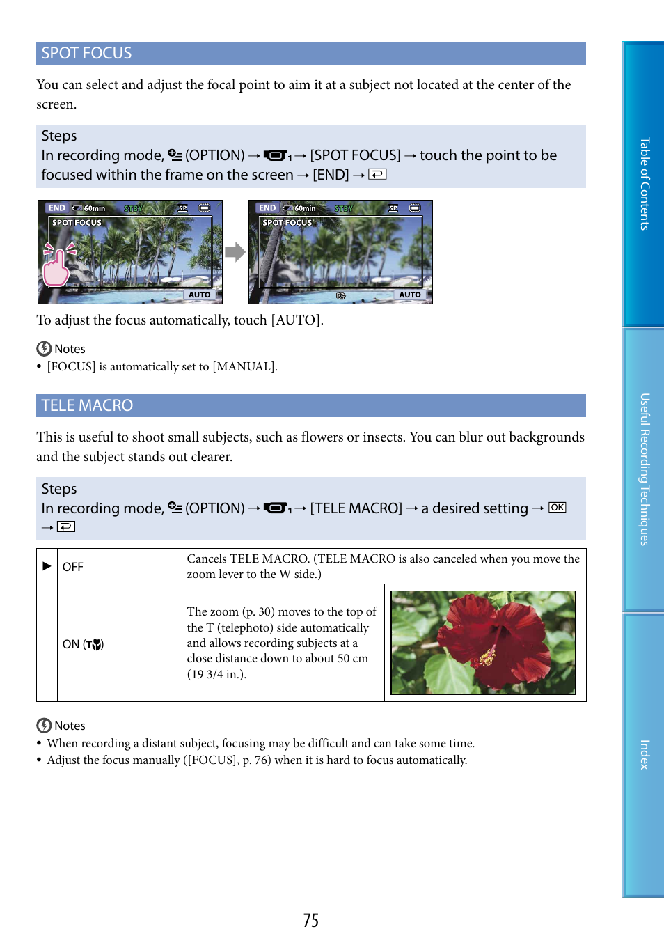 O (75), Spot focus, Tele macro | Sony DCR-SX60 User Manual | Page 75 / 101
