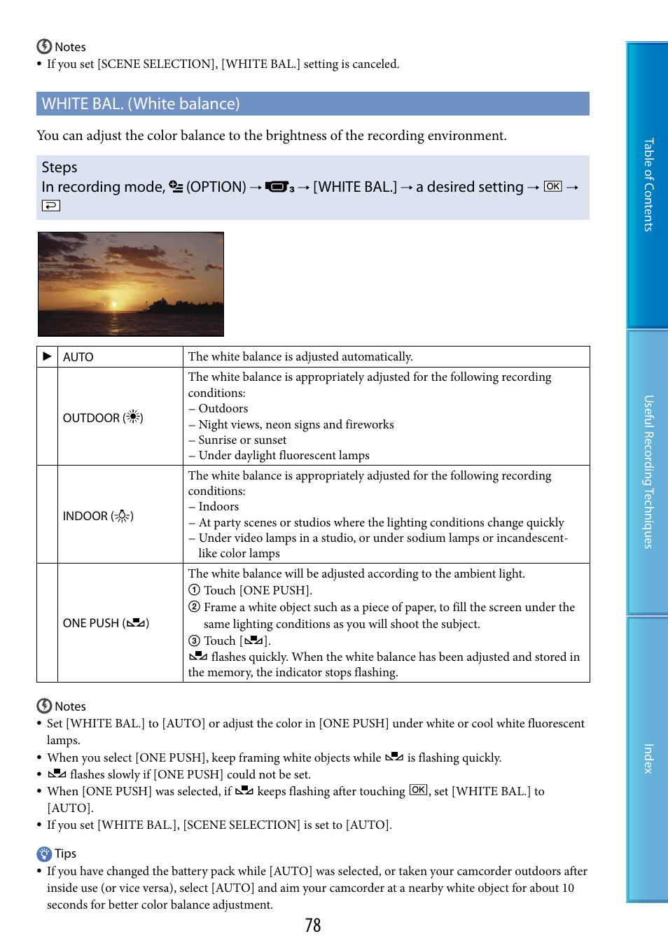 Ce (78), White bal. (white balance), Steps in recording mode, (option) | White bal, A desired setting | Sony DCR-SX60 User Manual | Page 78 / 101