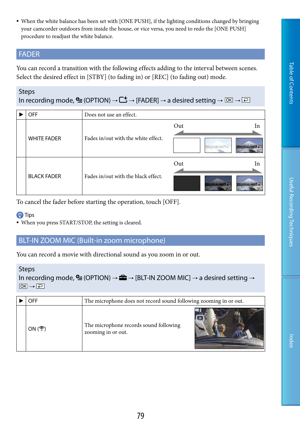 C (79), Er (79), Fader | Blt-in zoom mic (built-in zoom microphone) | Sony DCR-SX60 User Manual | Page 79 / 101
