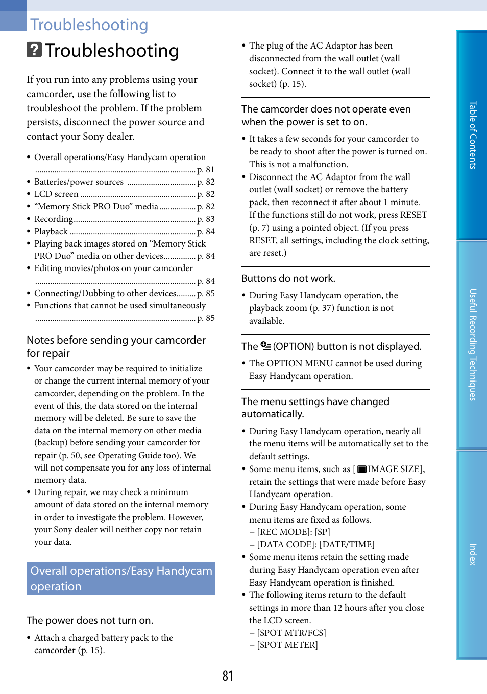 Troubleshooting, Overall operations/easy handycam operation | Sony DCR-SX60 User Manual | Page 81 / 101