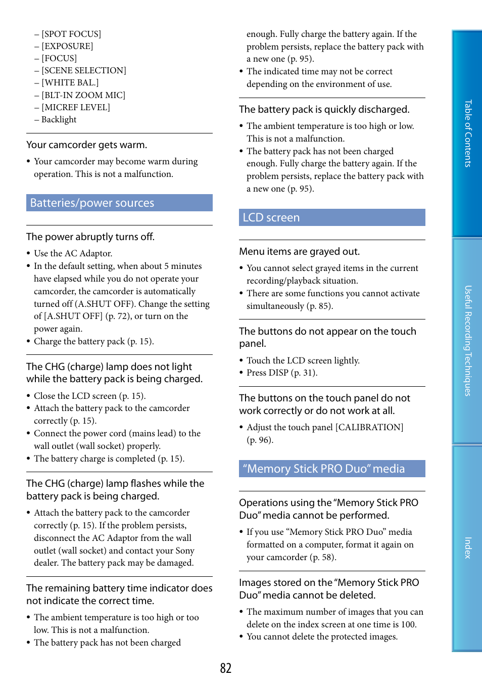 Batteries/power sources, Lcd screen, Memory stick pro duo” media | Sony DCR-SX60 User Manual | Page 82 / 101