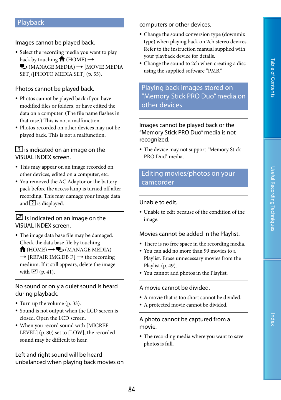 Playback, Playing back images stored on “memory stick, Pro duo” media on other devices | Editing movies/photos on your camcorder | Sony DCR-SX60 User Manual | Page 84 / 101