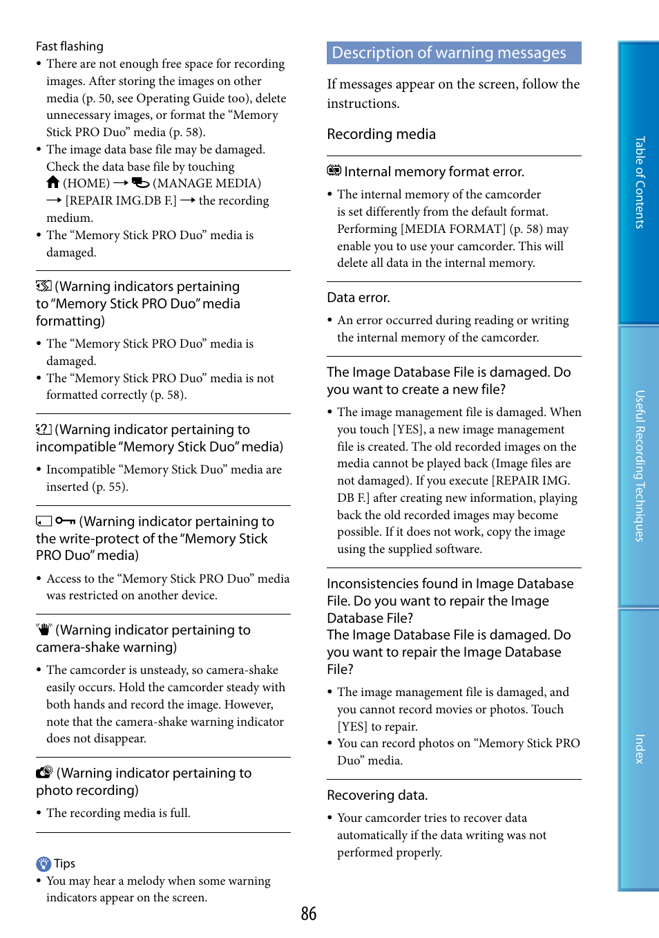 Description of warning messages, Recording media | Sony DCR-SX60 User Manual | Page 86 / 101
