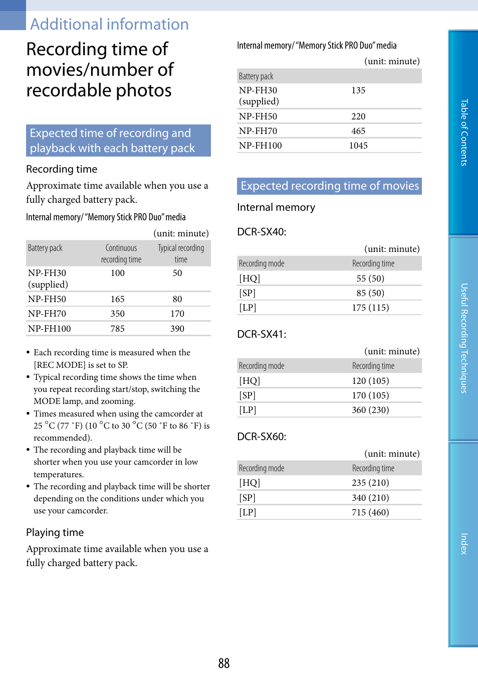 Additional information, Expected recording time of movies, E 88 o | 88). d | Sony DCR-SX60 User Manual | Page 88 / 101