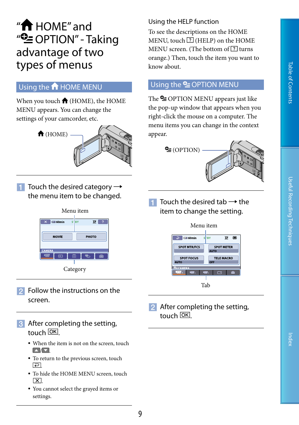 Using the home menu, Using the option menu, Using the home menu using the option menu | Ouch panel (9, 31), N (9) | Sony DCR-SX60 User Manual | Page 9 / 101