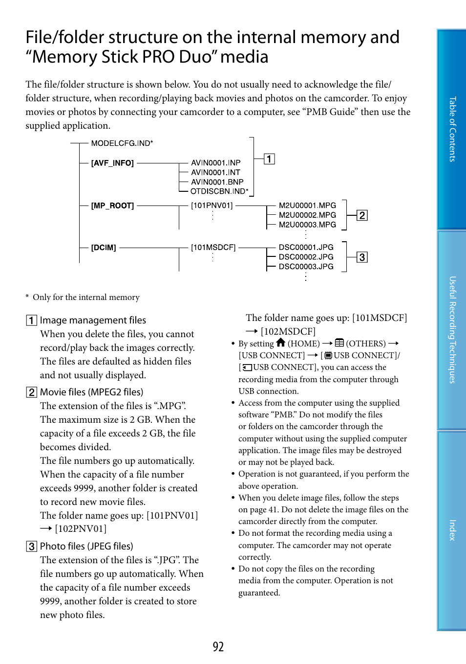 File/folder structure on the internal memory and, Memory stick pro duo” media | Sony DCR-SX60 User Manual | Page 92 / 101