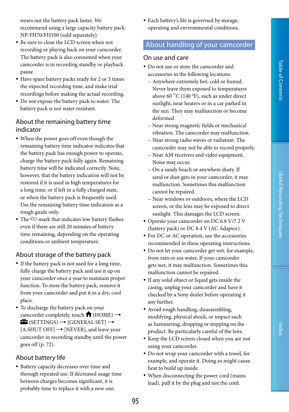 About handling of your camcorder, E “about handling of your, Camcorder | About the remaining battery time indicator, About storage of the battery pack, About battery life, On use and care | Sony DCR-SX60 User Manual | Page 95 / 101