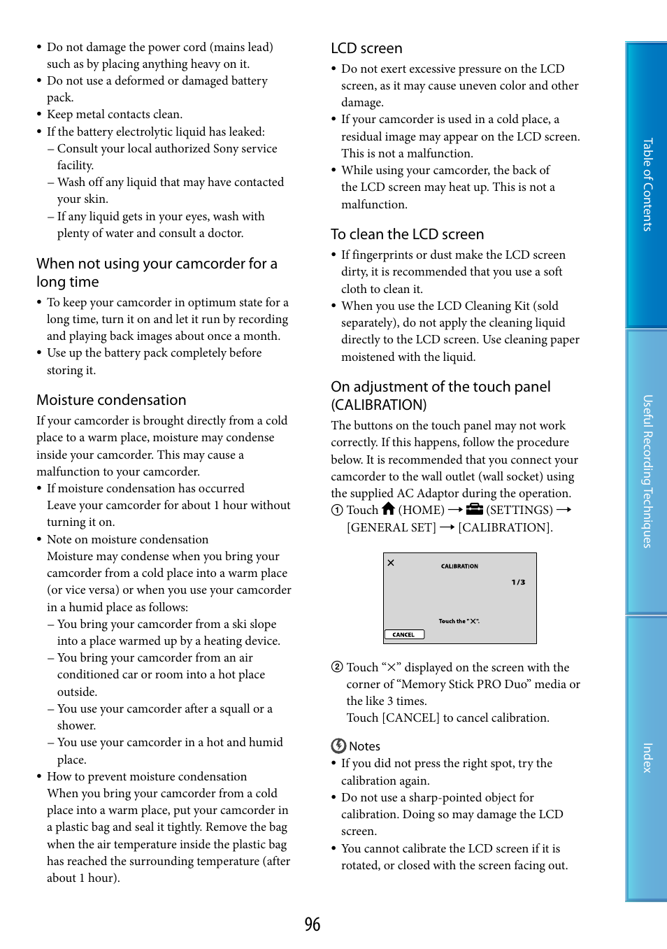 When not using your camcorder for a long time, Moisture condensation, Lcd screen | On adjustment of the touch panel (calibration) | Sony DCR-SX60 User Manual | Page 96 / 101