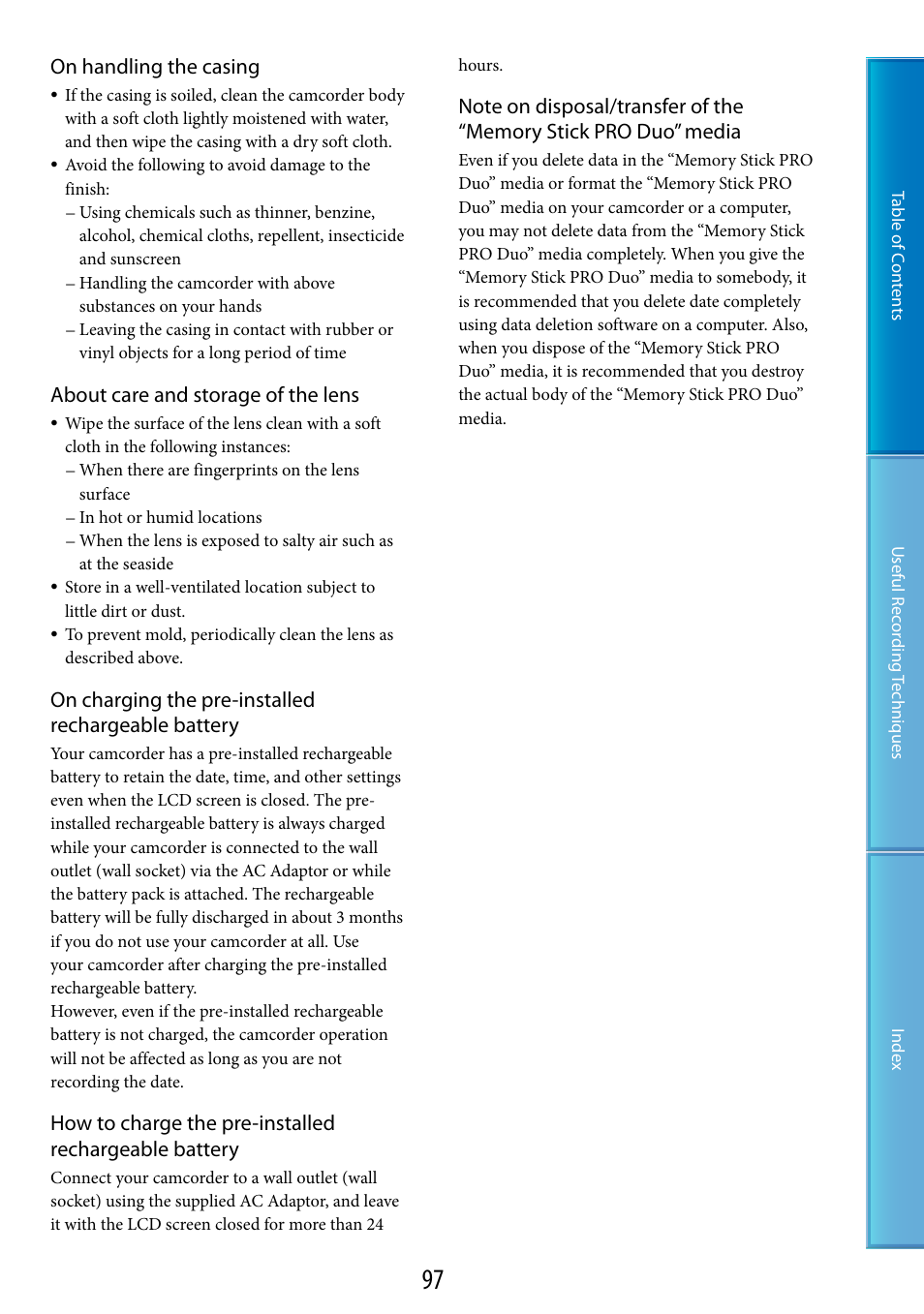 On handling the casing, About care and storage of the lens, On charging the pre-installed rechargeable battery | Sony DCR-SX60 User Manual | Page 97 / 101