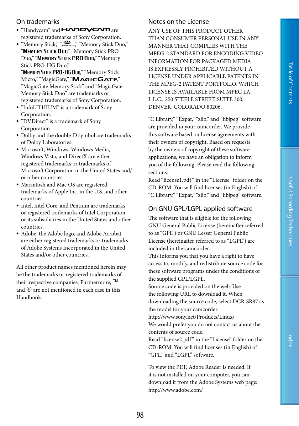 On trademarks, On gnu gpl/lgpl applied software | Sony DCR-SX60 User Manual | Page 98 / 101