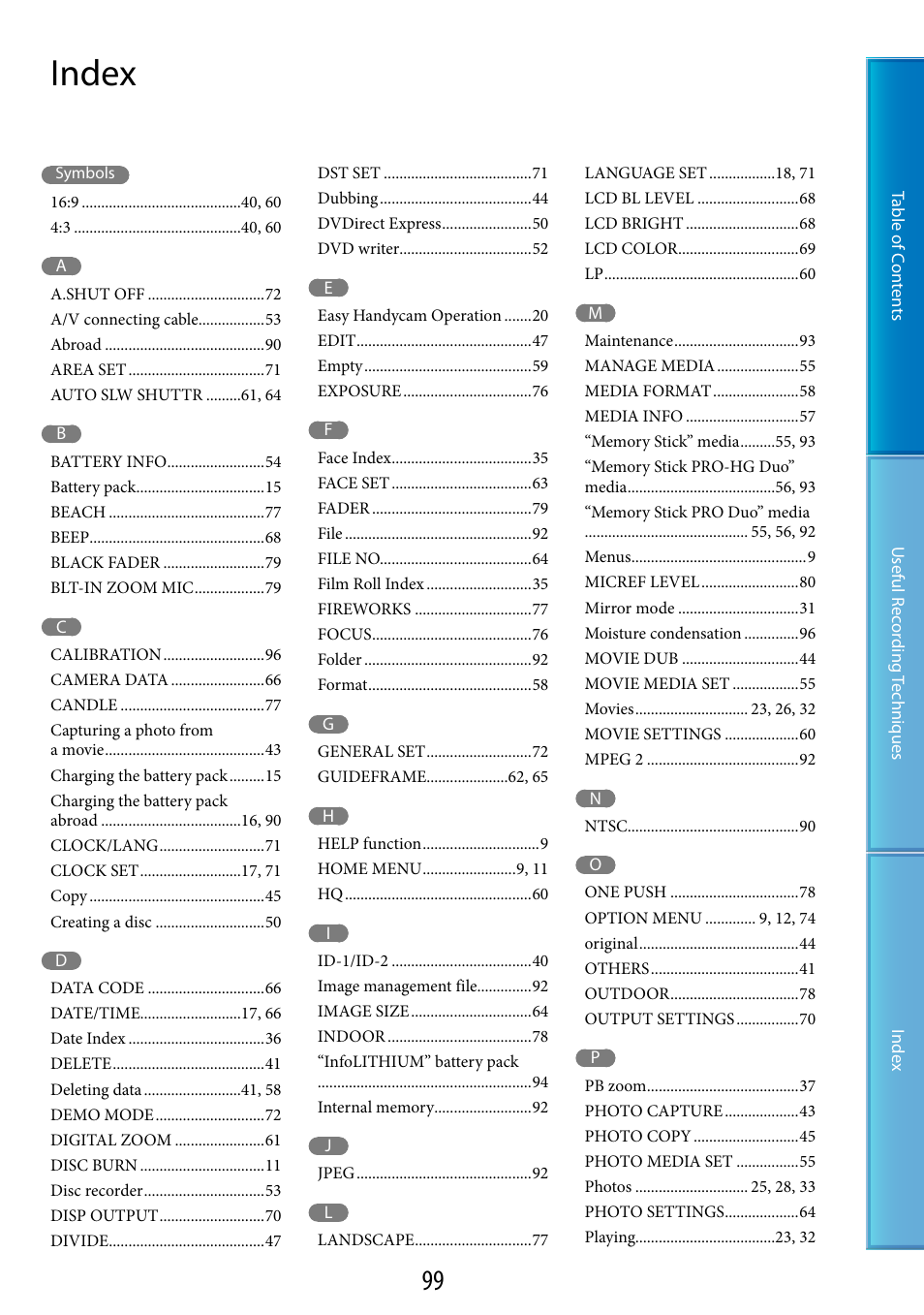 Index | Sony DCR-SX60 User Manual | Page 99 / 101
