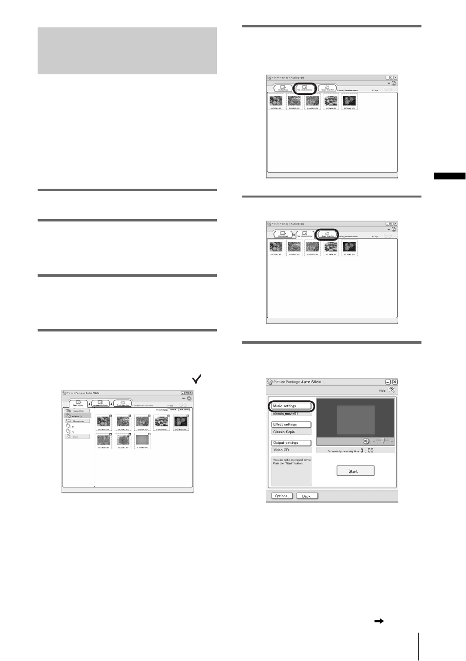 Creating an original slide show, Picture package auto slide, E (p. 21) | Sony DCR-PC350 User Manual | Page 21 / 44