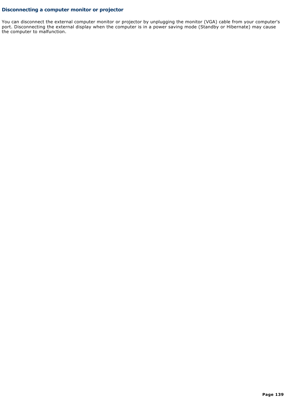 Disconnecting a computer monitor or projector | Sony VGN-A140 User Manual | Page 139 / 315