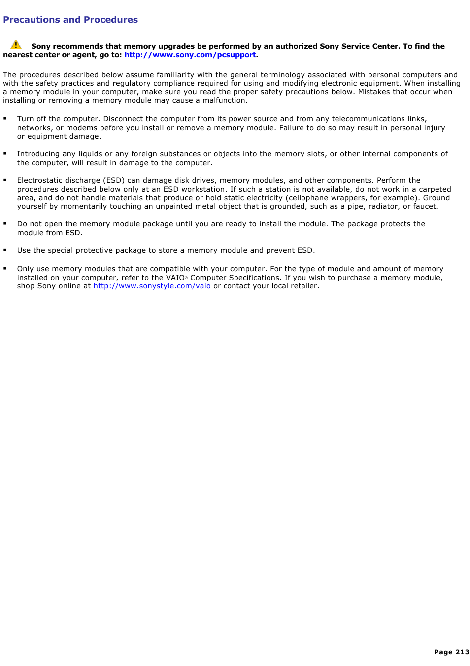 Precautions and procedures | Sony VGN-A140 User Manual | Page 213 / 315