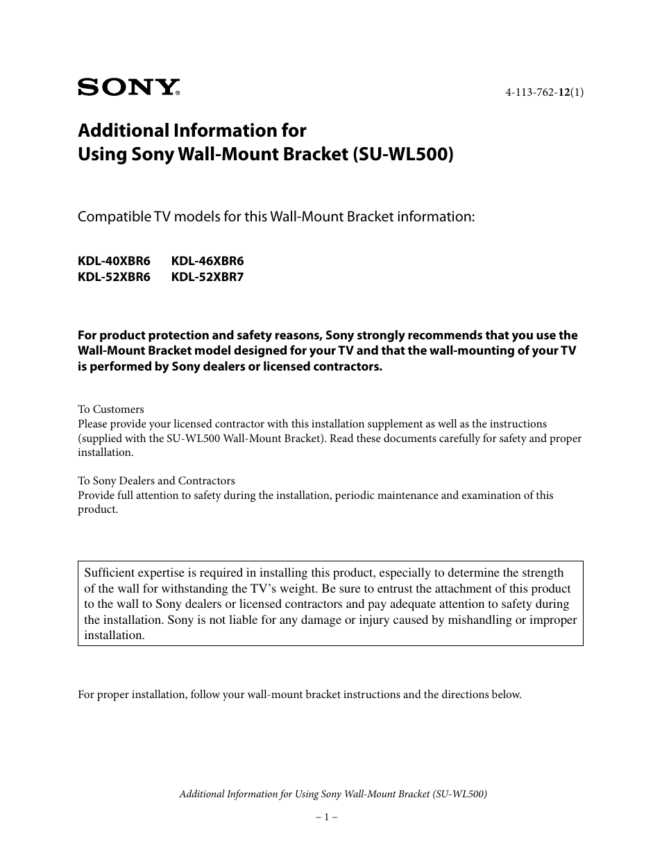 Sony KDL-52XBR6 User Manual | 4 pages