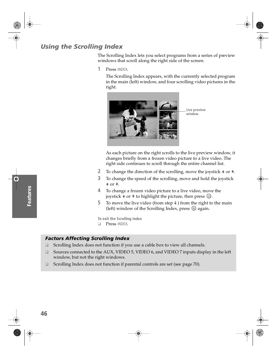 Using the scrolling index, Factors affecting scrolling index | Sony KV-36HS510 User Manual | Page 47 / 90