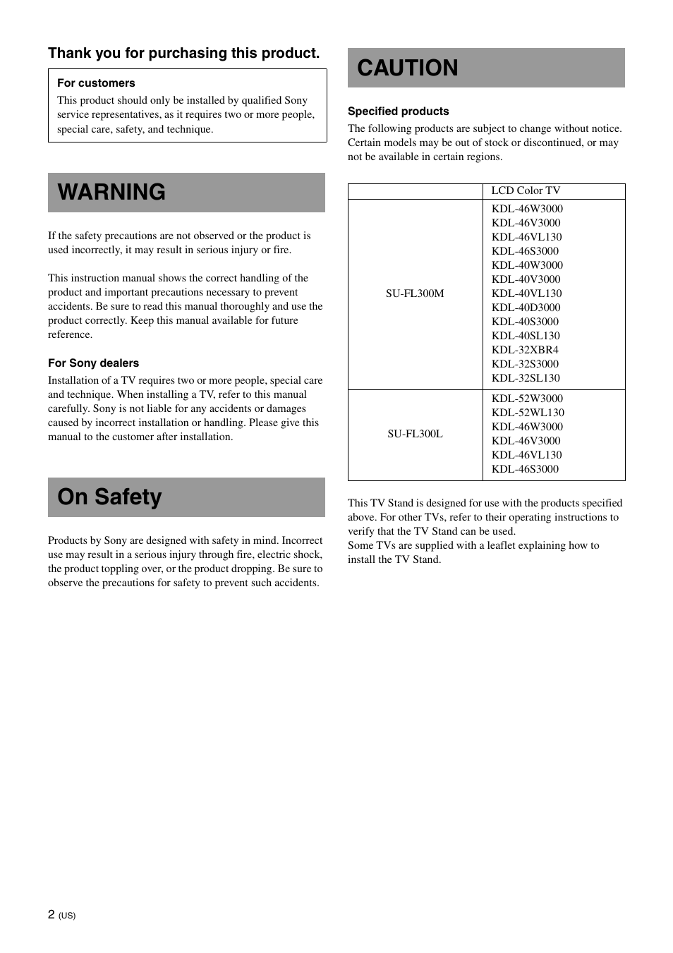 Warning on safety caution | Sony SU-FL300M User Manual | Page 2 / 36