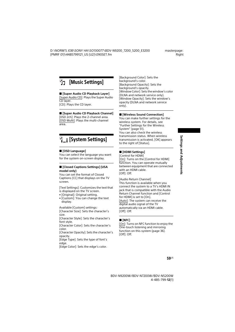 Music settings, System settings, Music settings] [system settings | Sony BDV-N7200W User Manual | Page 59 / 84