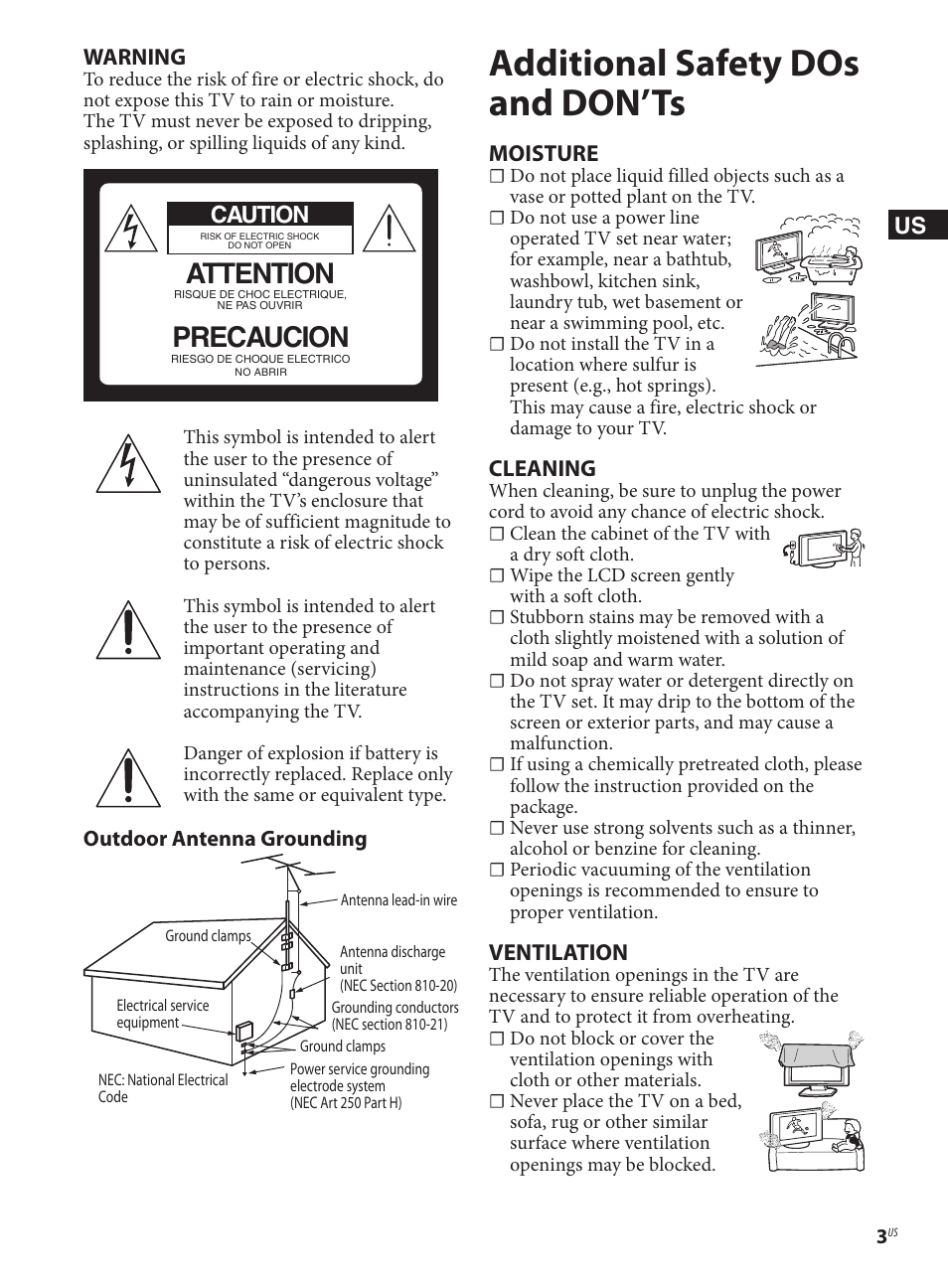 Additional safety dos and don’ts, Attention, Precaucion | Warning, Caution, Moisture, Cleaning, Ventilation | Sony KDL-50EX645 User Manual | Page 3 / 20