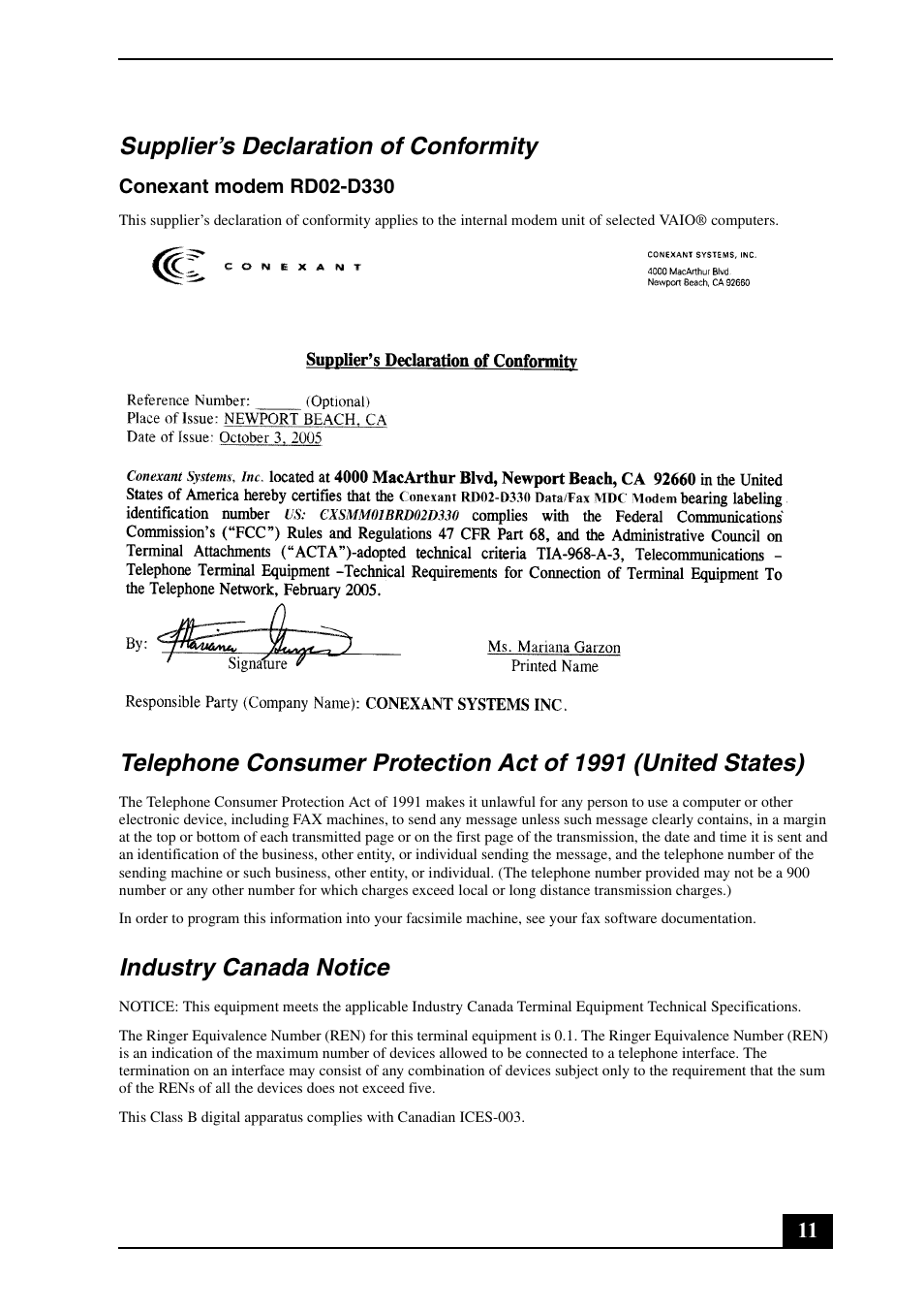 Supplier’s declaration of conformity, Industry canada notice | Sony VGN-CR140N User Manual | Page 11 / 28